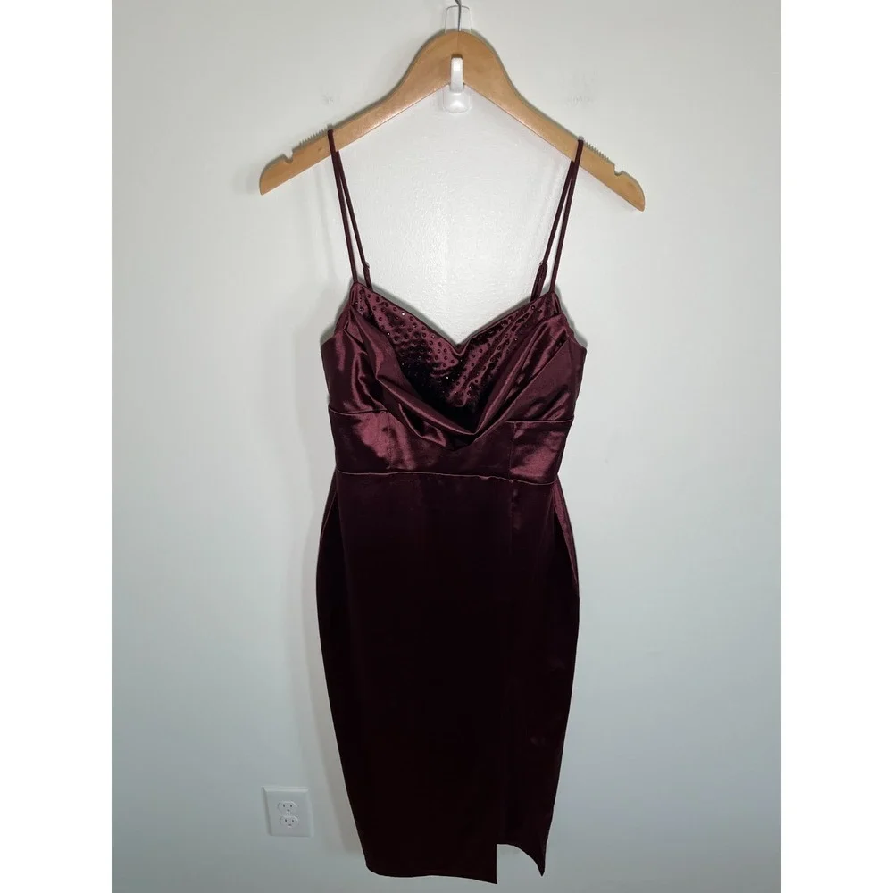 Whimsigoth Wedding Guest Cowl Neck Womens Midi Dress M Purple Rhinestone Studded